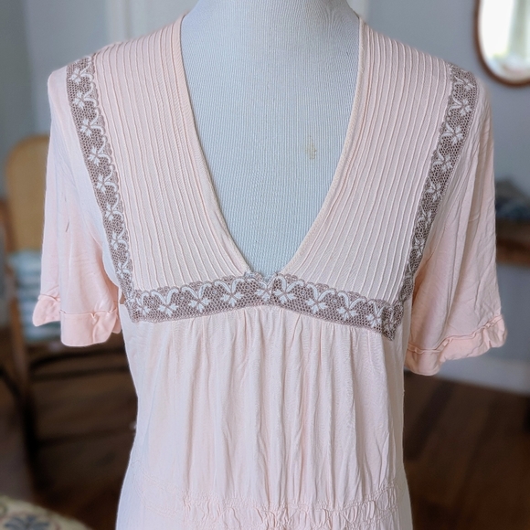 Vintage 70s Pale Pink Silky Floral Lace Nightie Lingerie Maxi Dress M Bohemian - Picture 2 of 6